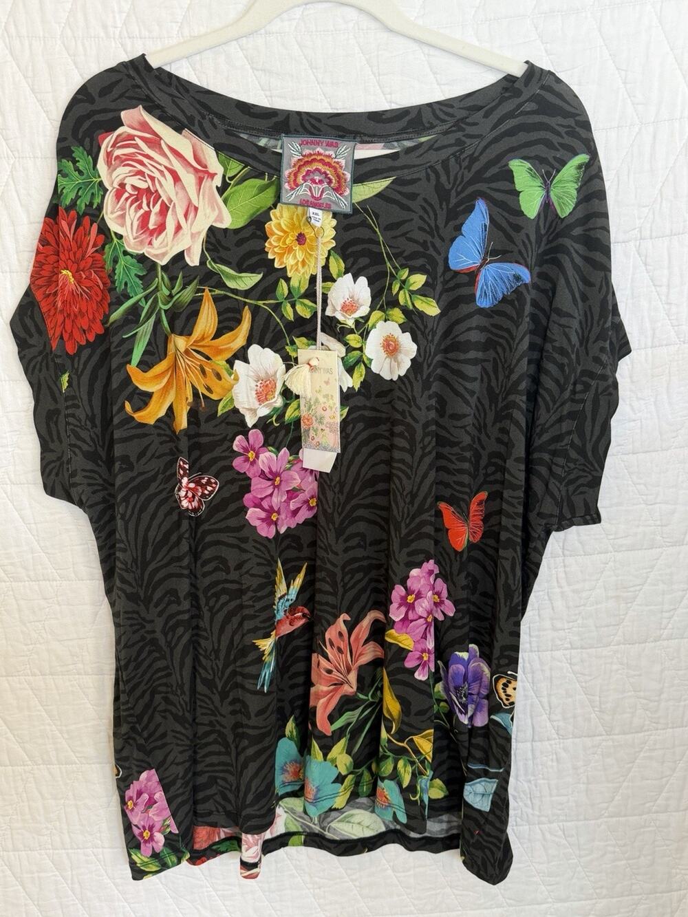 Johnny Was Blooming Breeze Short Sleeve Floral Tee Crew Neck Shirt Black NWT XXL